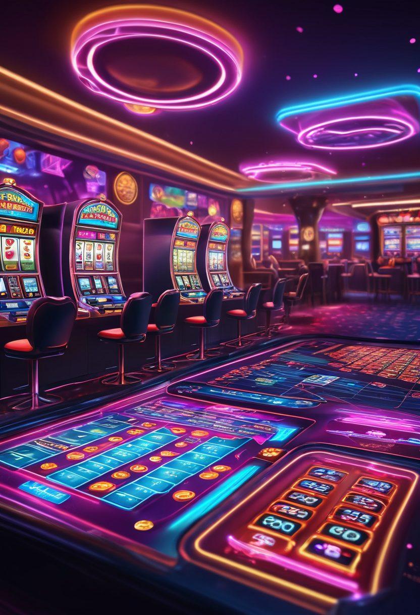 Illustration of a vibrant digital casino with a mix of slot machines and poker tables, showing excited players winning large jackpots. Include visual elements such as digital coins, poker chips, and playing cards swirling around in a dynamic, celebratory atmosphere. neon lights and holographic displays. vector art. vibrant colors.